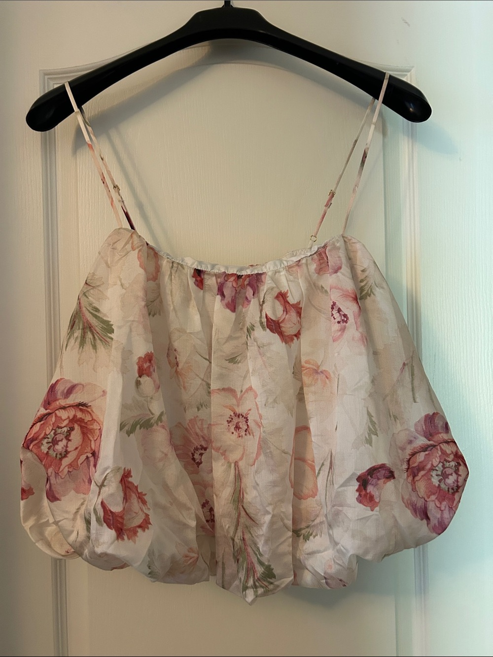 H&M Floral Bubble Hem Spaghetti Strap Bubble Top - Ivory/Pink